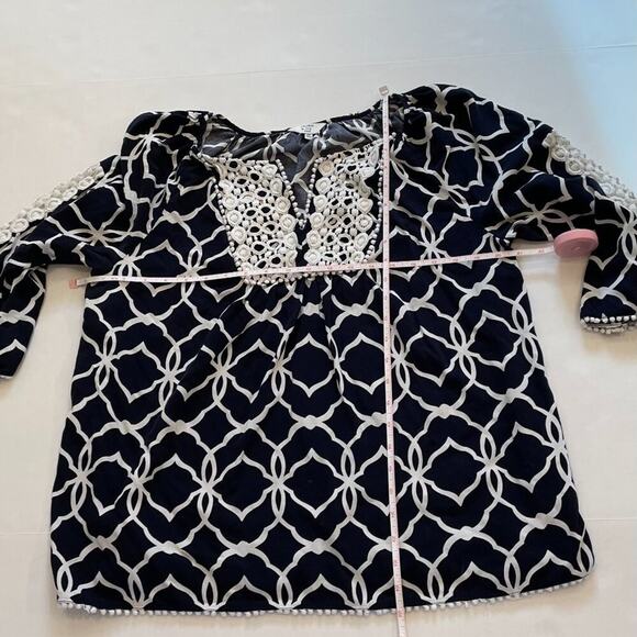 Crown & Ivy Navy, White 3/4 Sleeve Peasant Top, Embroidered, Pom Pom Fringe, XXL - Picture 7 of 12
